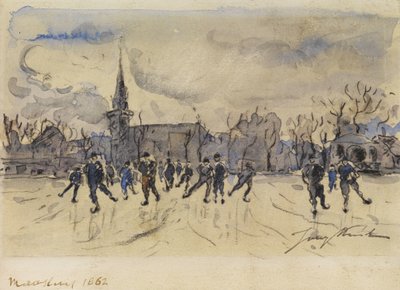 Johan Barthold Jongkind: Schlittschuhläufer vor der Silhouette einer Stadt mit Kirchturm von Johan Barthold Jongkind